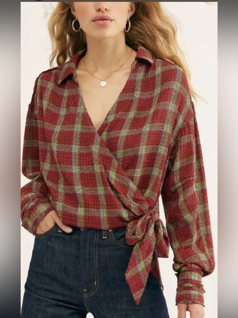 Free People We the Free Running Wild Wrap Shirt in Red Plaid New w/Tags Medium